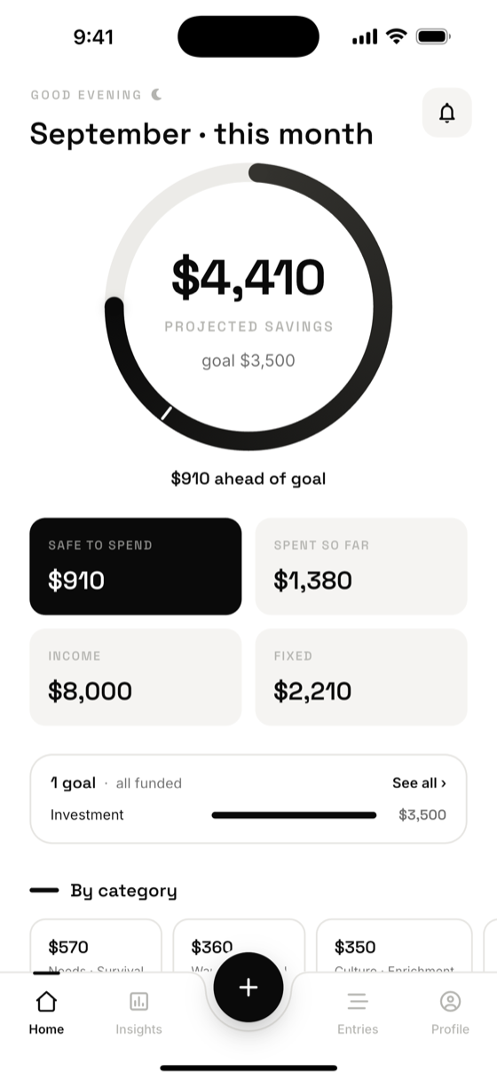 Katana home screen — the projected-savings ring, safe-to-spend, and spending by category